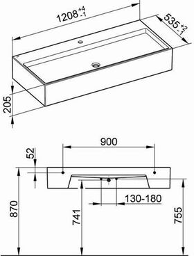 Keuco Mineralguss-Waschtisch EDITION 90 1208x205x535mm we m 1L-Boh KEUCO