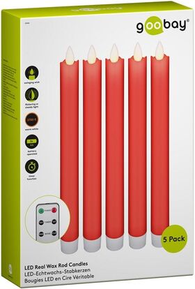 5er-Set rote LED-Echtwachs-Stabkerzen, inkl. Fernbedienung- VPE: 1