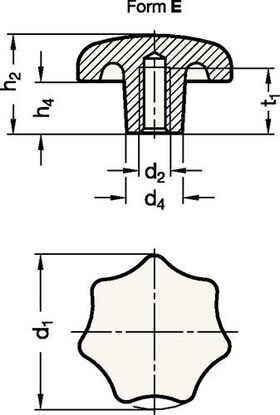Sterngriff DIN 6336 m.Gewindebuchse Ku.d1 32mm d2 M 6mm - VPE: 25