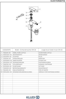 Kludi Bidet-Einhandmischer PURE&STYLE DN 15 Ablaufgarnitur G 1 1/4Zoll chr