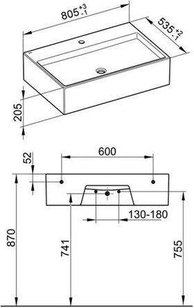 Keuco Mineralguss-Waschtisch EDITION 90 805x205x535mm we m 1L-Boh KEUCO