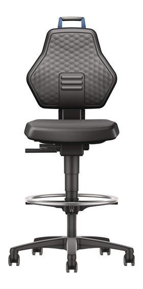 Arbeitsdrehstuhl Rl.+Fußring Kunstleder schwarz Grifffarbe blau 580-860mm TW