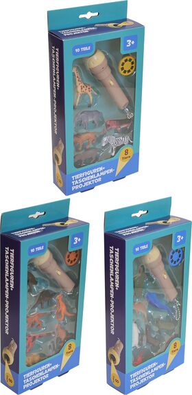 Tierfiguren+Projektor Taschenlampe,3f.s.